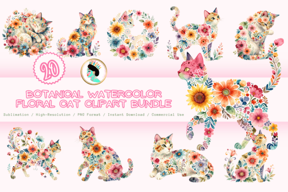 Download Botanical Floral Cat Clipart Bundle PNG - Premium Resources